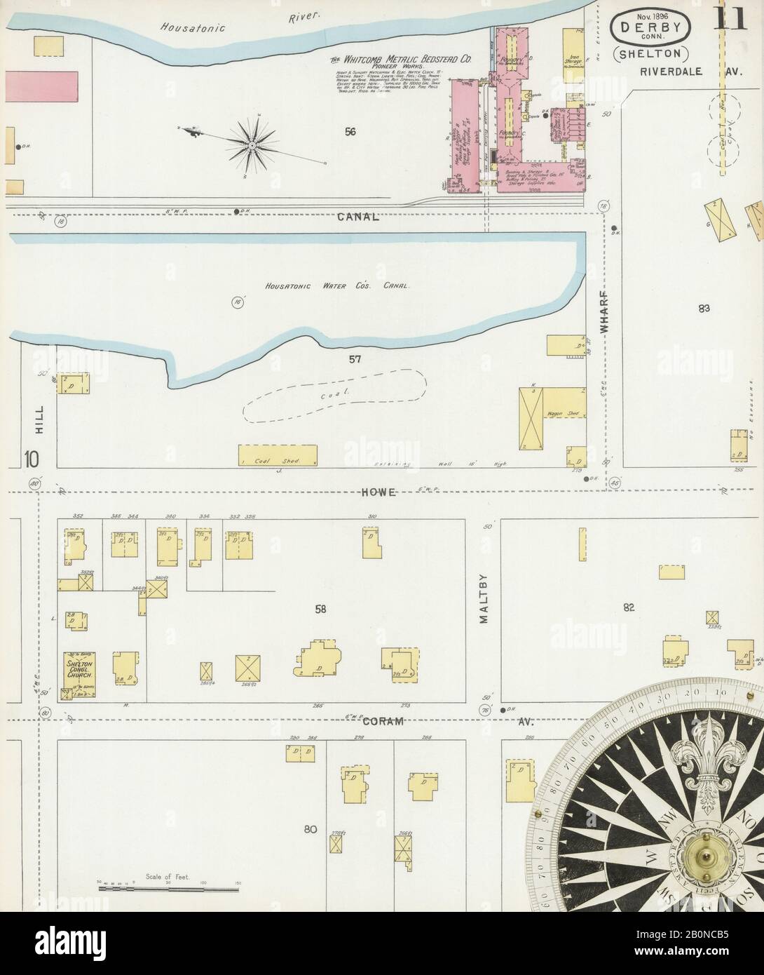 Immagine 11 Della Mappa Sanborn Fire Insurance Di Derby, New Haven County, Connecticut. Nov 1896. 15 fogli. Include Shelton, America, mappa stradale con una bussola Del Xix Secolo Foto Stock