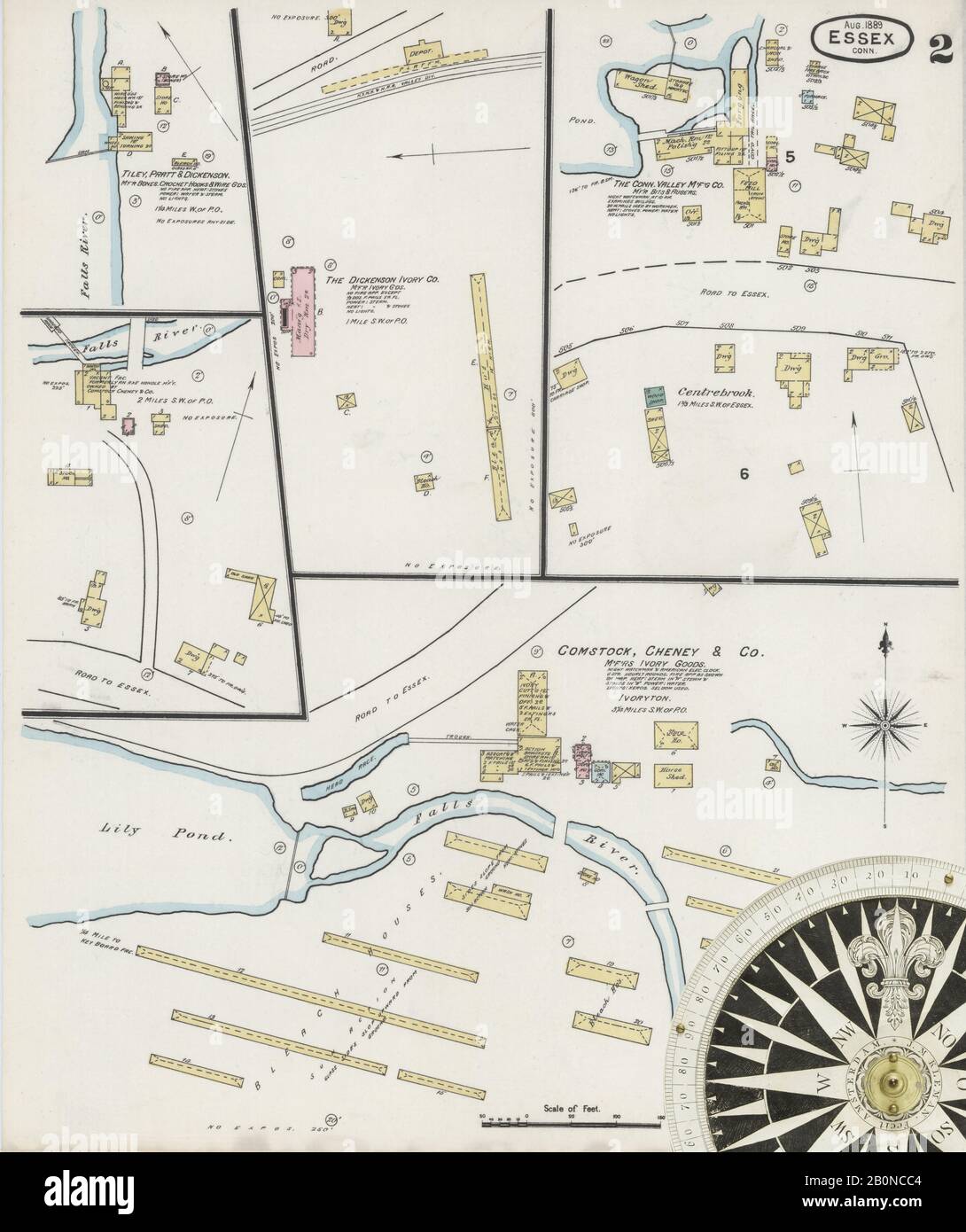 Immagine 2 Della Mappa Sanborn Fire Insurance Di Essex, Middlesex County, Connecticut. Ago 1889. 3 fogli, America, mappa stradale con una bussola Del Xix Secolo Foto Stock