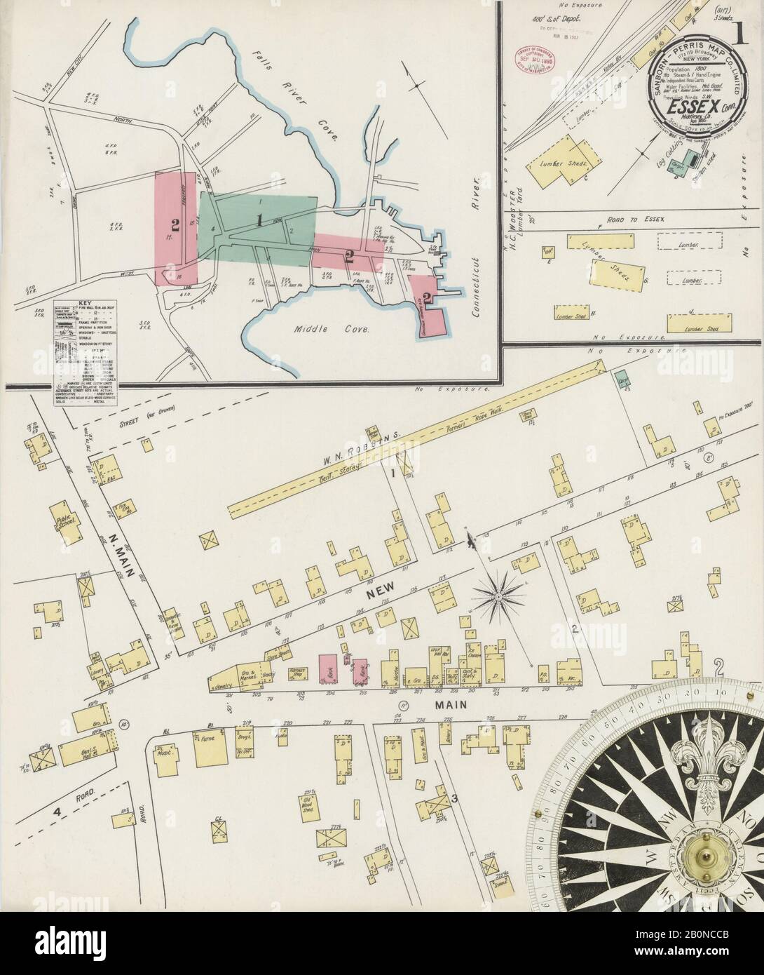 Immagine 1 Della Mappa Sanborn Fire Insurance Di Essex, Middlesex County, Connecticut. Ago 1895. 3 fogli, America, mappa stradale con una bussola Del Xix Secolo Foto Stock