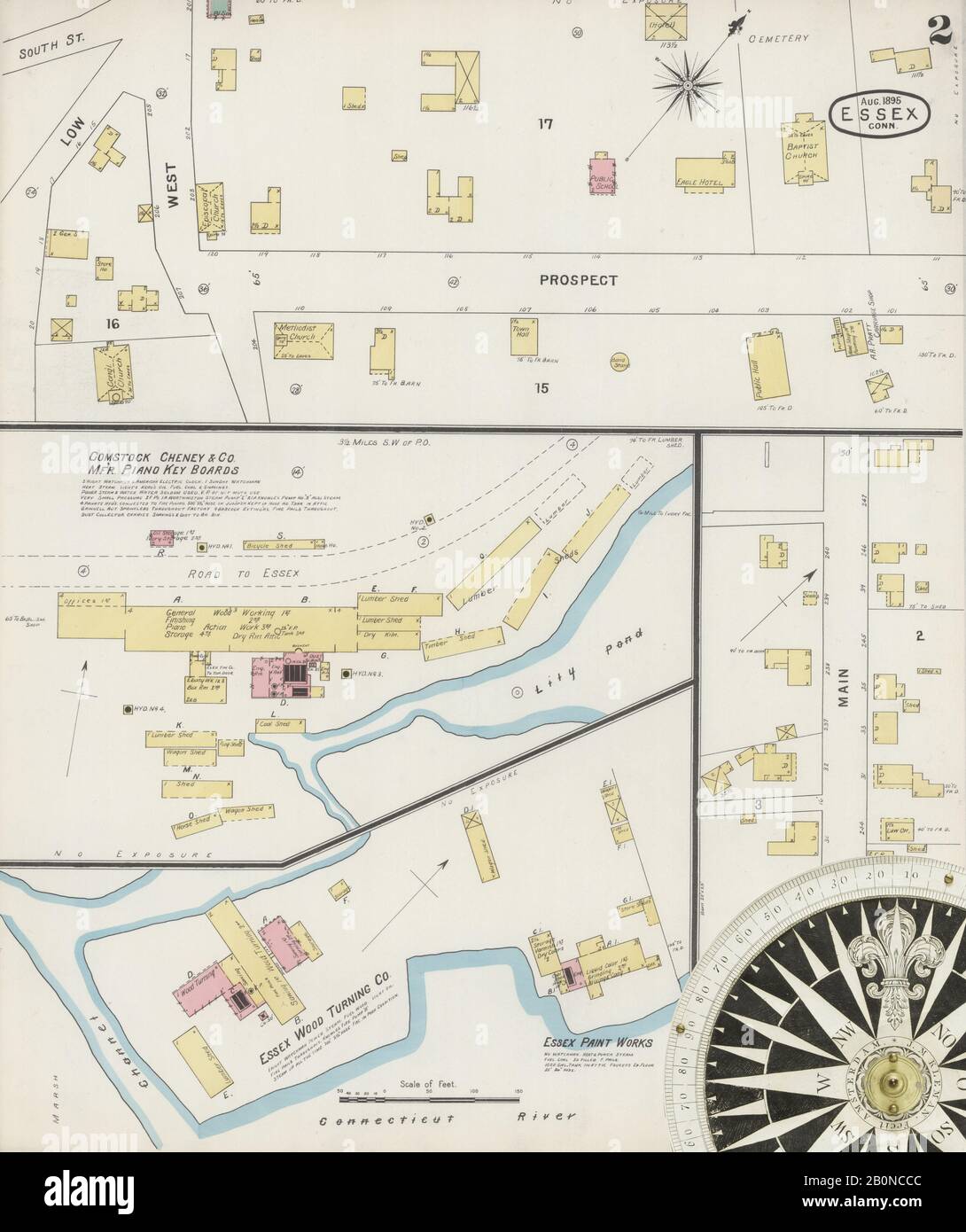 Immagine 2 Della Mappa Sanborn Fire Insurance Di Essex, Middlesex County, Connecticut. Ago 1895. 3 fogli, America, mappa stradale con una bussola Del Xix Secolo Foto Stock