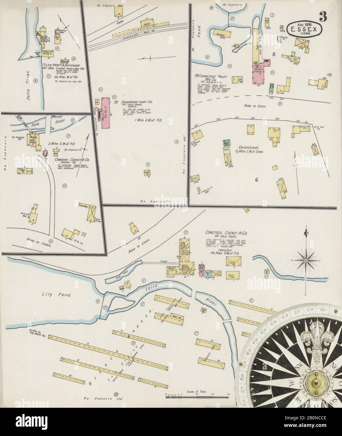 Immagine 3 Della Mappa Sanborn Fire Insurance Di Essex, Middlesex County, Connecticut. Ago 1895. 3 fogli, America, mappa stradale con una bussola Del Xix Secolo Foto Stock