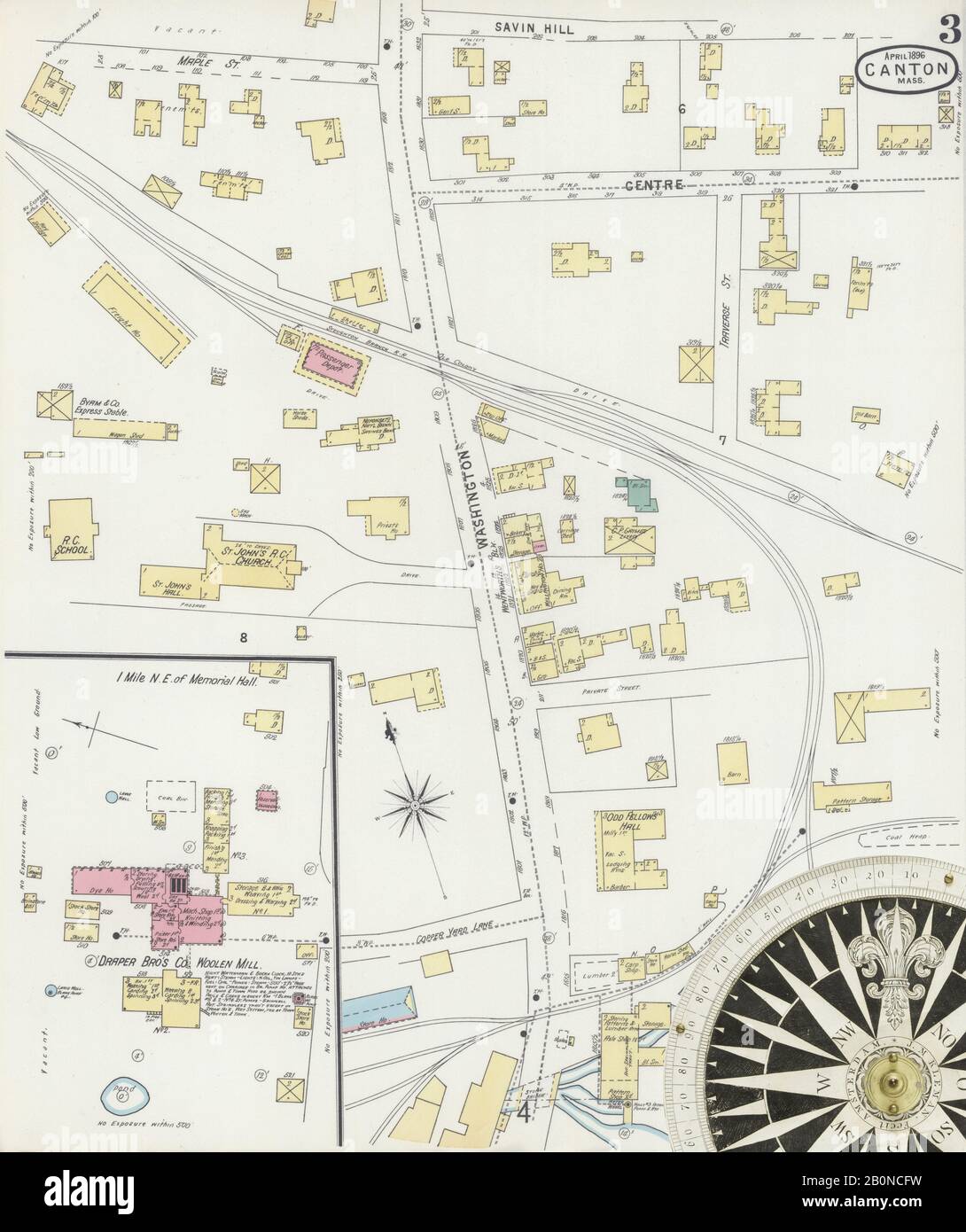 Immagine 3 Della Mappa Sanborn Fire Insurance Da Canton, Norfolk County, Massachusetts. Apr 1896. 6 fogli, America, mappa stradale con una bussola Del Xix Secolo Foto Stock