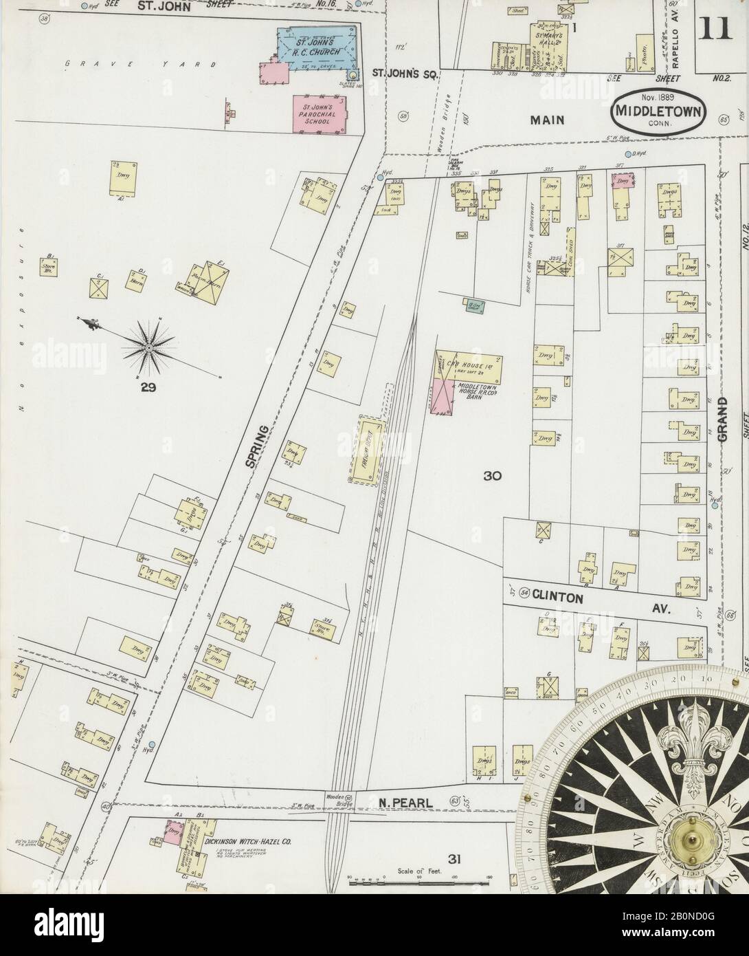 Immagine 11 Della Mappa Sanborn Fire Insurance Di Middletown, Middlesex County, Connecticut. Nov 1889. 18 fogli, America, mappa stradale con una bussola Del Xix Secolo Foto Stock