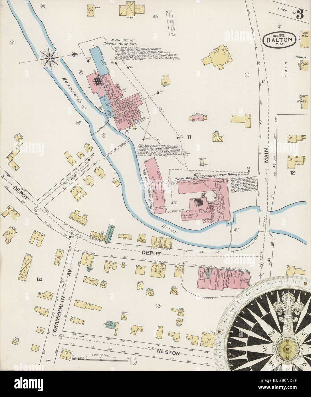 Immagine 3 Della Mappa Sanborn Fire Insurance Di Dalton, Berkshire County, Massachusetts. Ott 1892. 4 fogli, America, mappa stradale con una bussola Del Xix Secolo Foto Stock