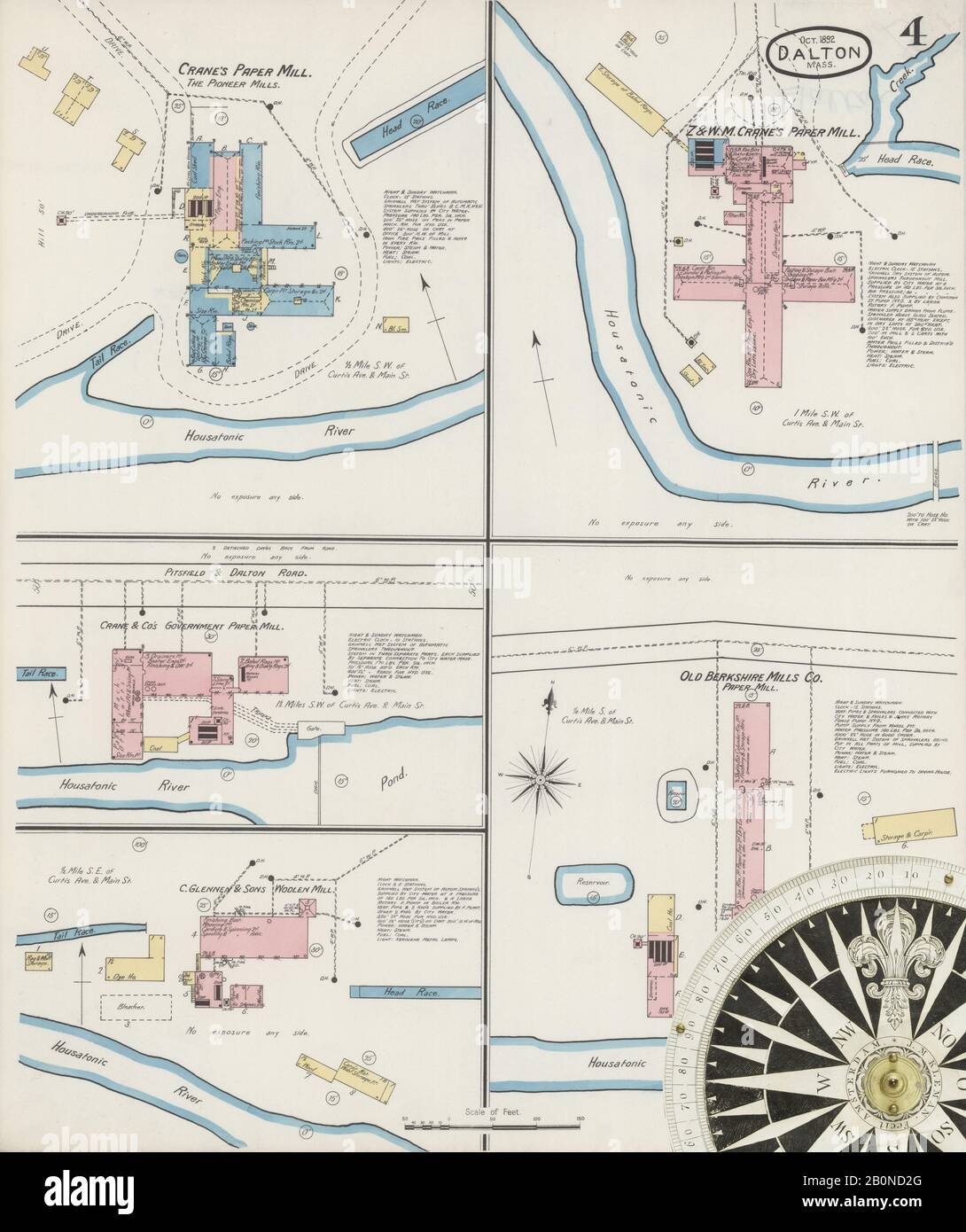 Immagine 4 Della Mappa Sanborn Fire Insurance Di Dalton, Berkshire County, Massachusetts. Ott 1892. 4 fogli, America, mappa stradale con una bussola Del Xix Secolo Foto Stock