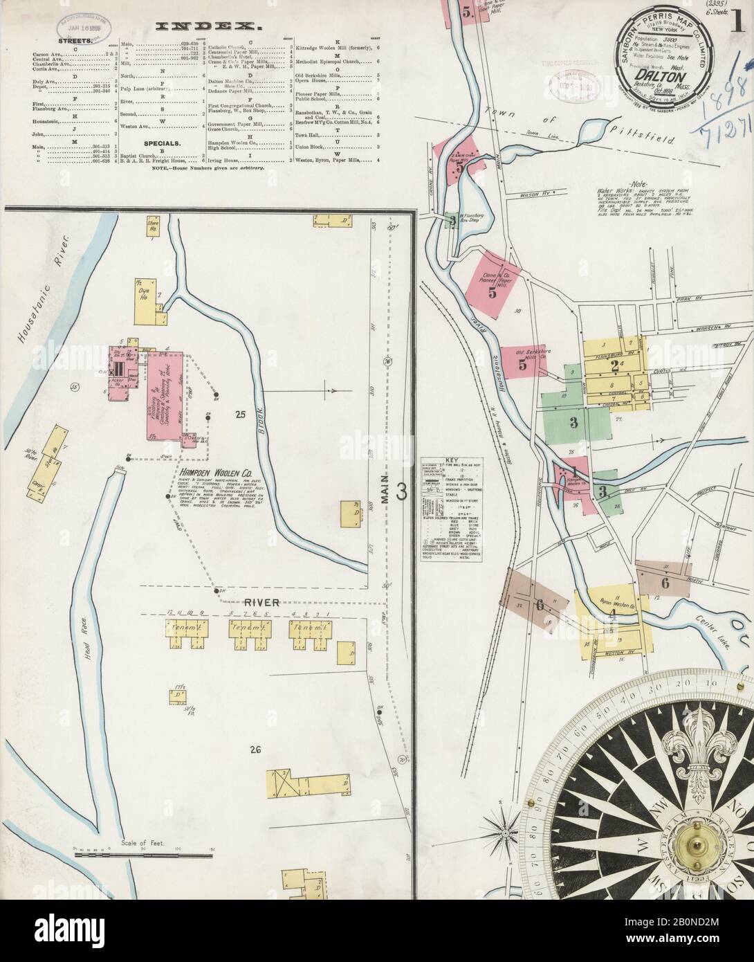 Immagine 1 Della Mappa Sanborn Fire Insurance Di Dalton, Berkshire County, Massachusetts. Ott 1898. 6 fogli, America, mappa stradale con una bussola Del Xix Secolo Foto Stock