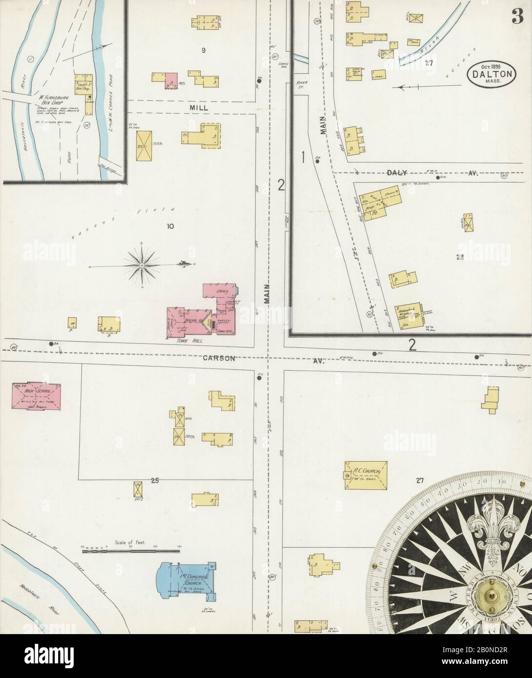 Immagine 3 Della Mappa Sanborn Fire Insurance Di Dalton, Berkshire County, Massachusetts. Ott 1898. 6 fogli, America, mappa stradale con una bussola Del Xix Secolo Foto Stock