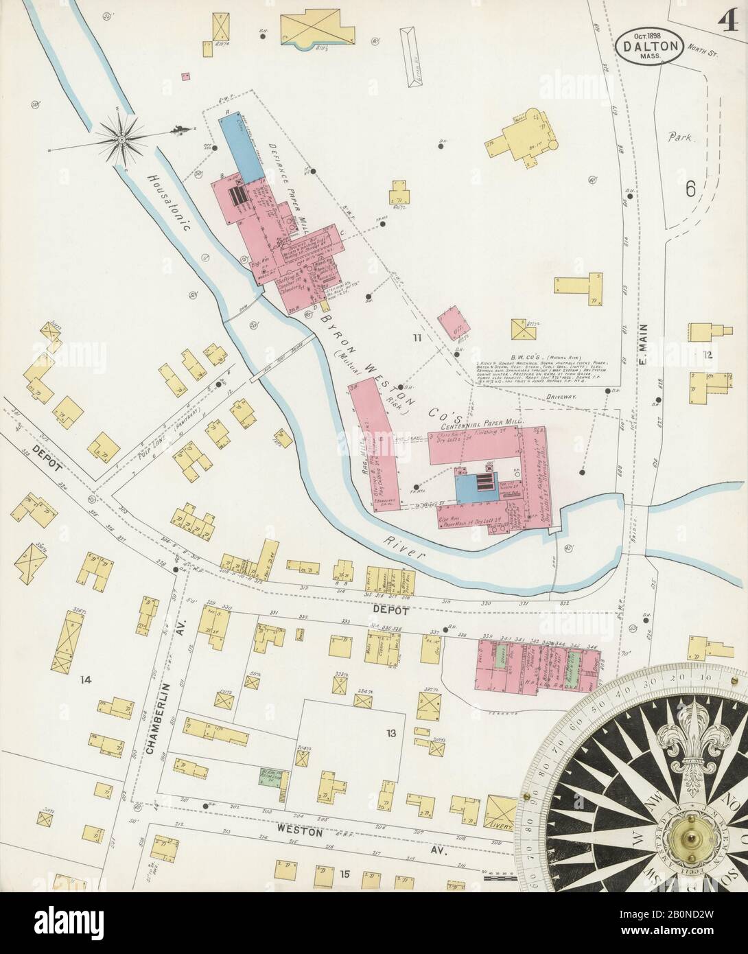 Immagine 4 Della Mappa Sanborn Fire Insurance Di Dalton, Berkshire County, Massachusetts. Ott 1898. 6 fogli, America, mappa stradale con una bussola Del Xix Secolo Foto Stock
