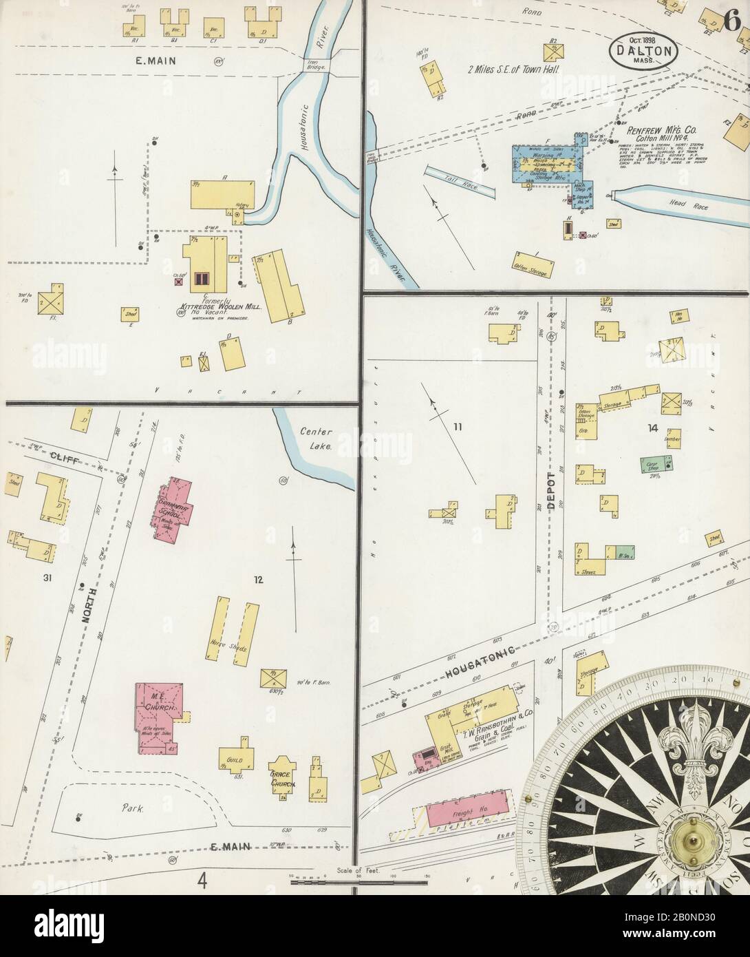 Immagine 6 Della Mappa Sanborn Fire Insurance Di Dalton, Berkshire County, Massachusetts. Ott 1898. 6 fogli, America, mappa stradale con una bussola Del Xix Secolo Foto Stock