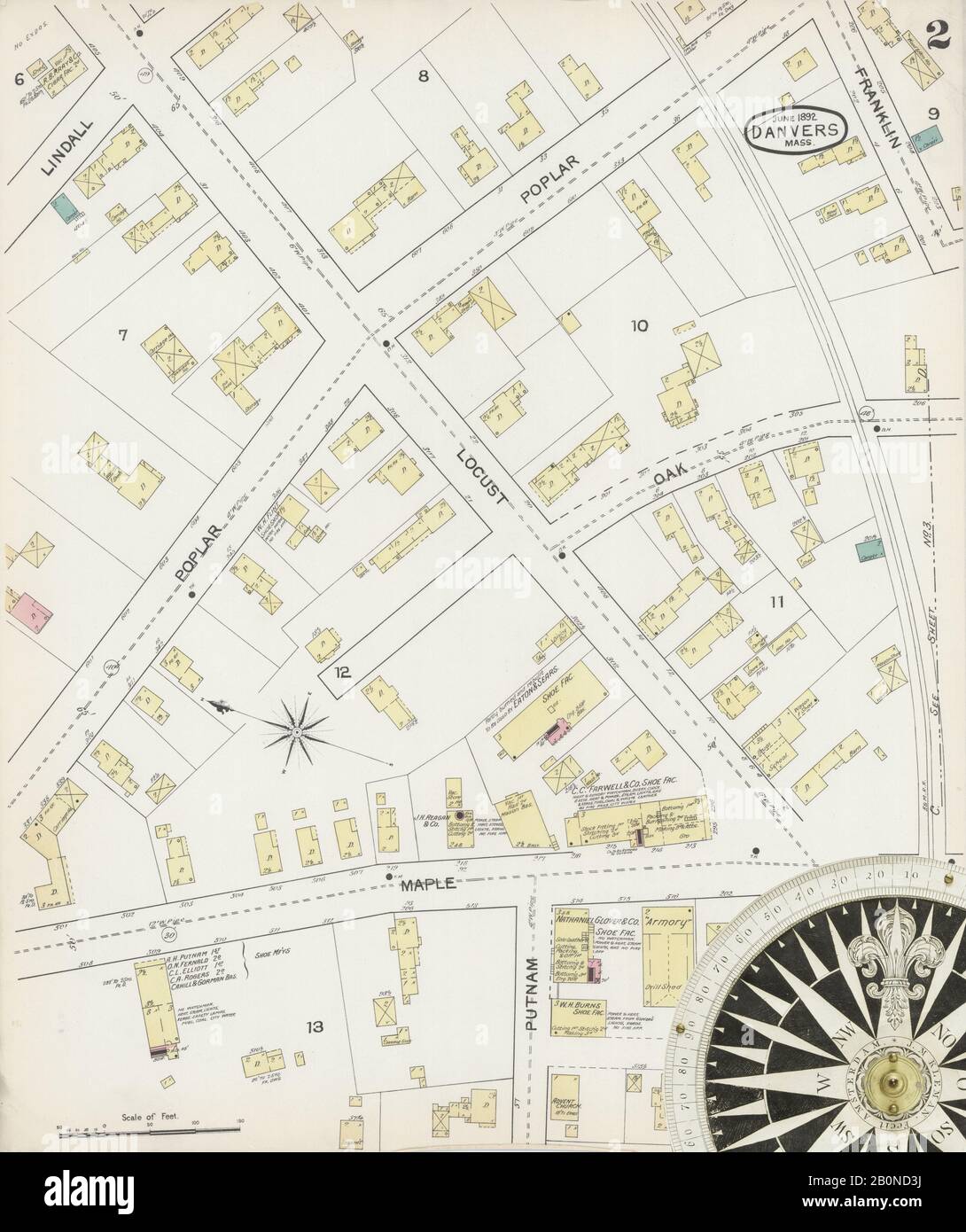 Immagine 2 Della Mappa Sanborn Fire Insurance Di Danvers, Essex County, Massachusetts. Giu 1892. 8 fogli, America, mappa stradale con una bussola Del Xix Secolo Foto Stock