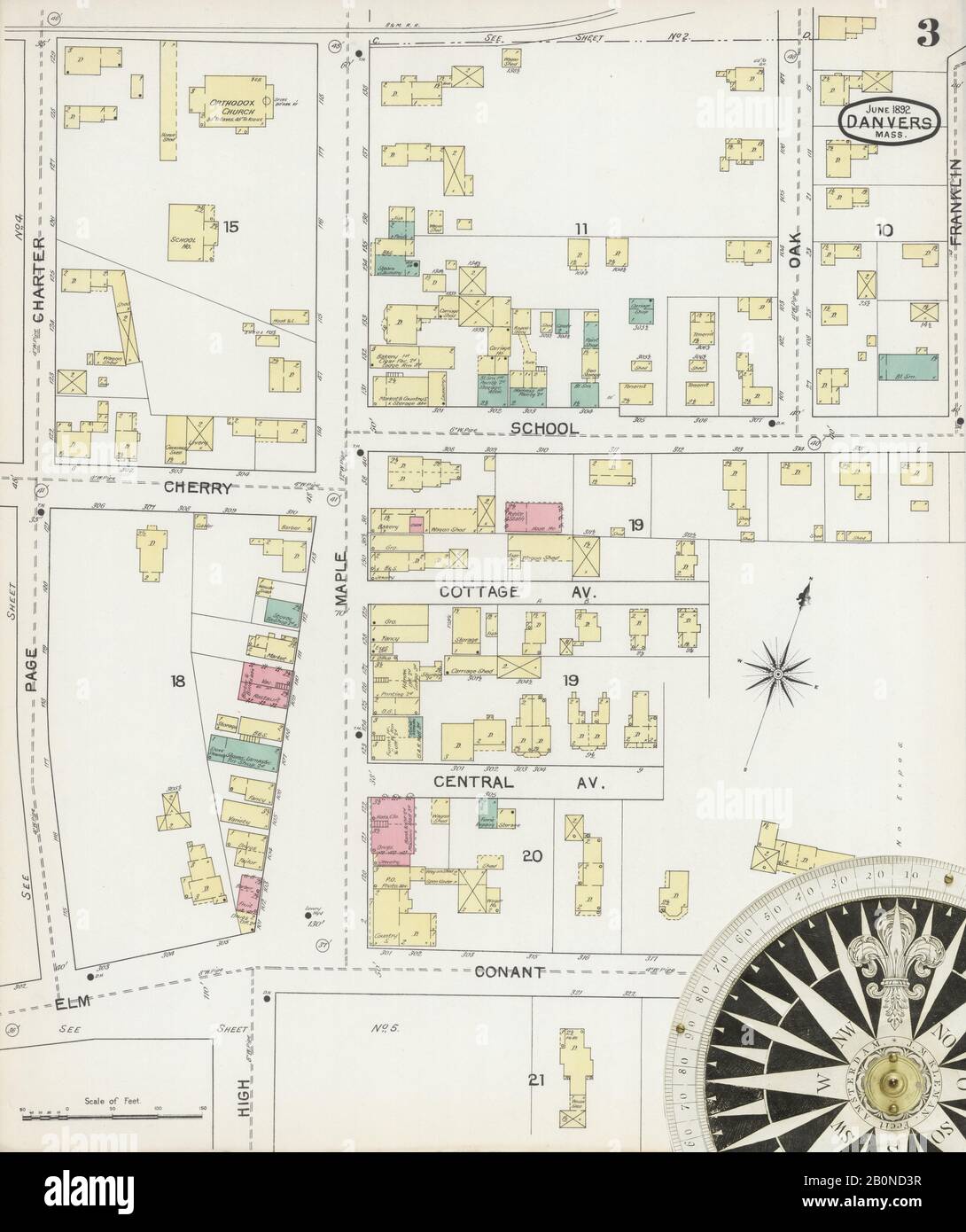 Immagine 3 Della Mappa Sanborn Fire Insurance Di Danvers, Essex County, Massachusetts. Giu 1892. 8 fogli, America, mappa stradale con una bussola Del Xix Secolo Foto Stock