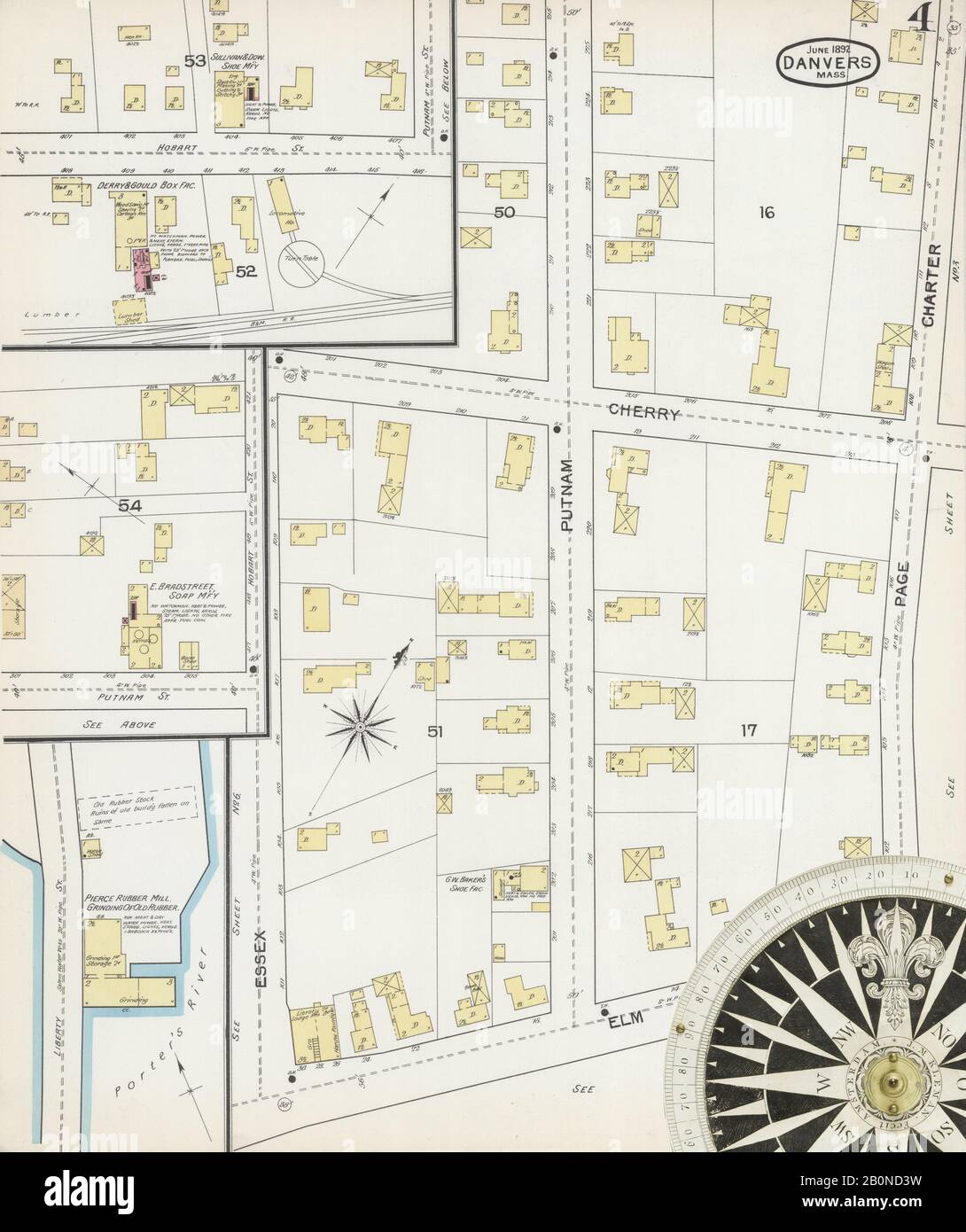 Immagine 4 Della Mappa Sanborn Fire Insurance Di Danvers, Essex County, Massachusetts. Giu 1892. 8 fogli, America, mappa stradale con una bussola Del Xix Secolo Foto Stock