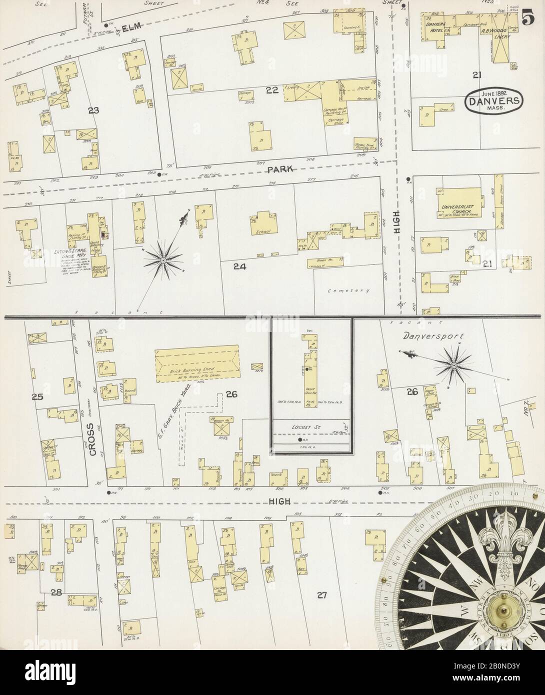 Immagine 5 Della Mappa Sanborn Fire Insurance Di Danvers, Essex County, Massachusetts. Giu 1892. 8 fogli, America, mappa stradale con una bussola Del Xix Secolo Foto Stock