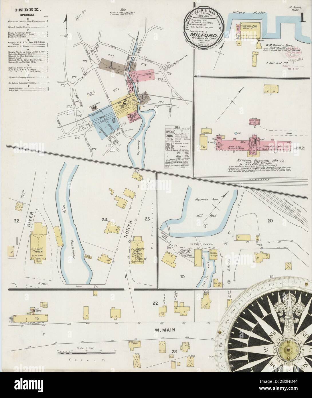 Immagine 1 Della Mappa Sanborn Fire Insurance Di Milford, New Haven County, Connecticut. Lug 1895. 4 fogli, America, mappa stradale con una bussola Del Xix Secolo Foto Stock