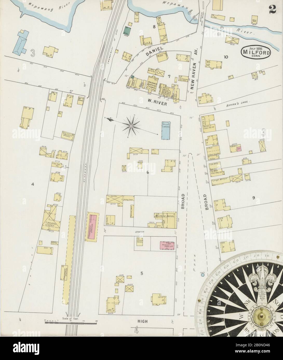 Immagine 2 Della Mappa Sanborn Fire Insurance Di Milford, New Haven County, Connecticut. Lug 1895. 4 fogli, America, mappa stradale con una bussola Del Xix Secolo Foto Stock