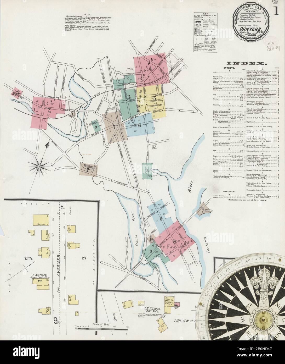 Immagine 1 Della Mappa Sanborn Fire Insurance Di Danvers, Essex County, Massachusetts. Jan 1897. 9 fogli, America, mappa stradale con una bussola Del Xix Secolo Foto Stock