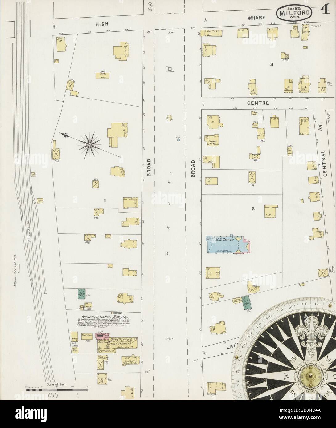 Immagine 4 Della Mappa Sanborn Fire Insurance Di Milford, New Haven County, Connecticut. Lug 1895. 4 fogli, America, mappa stradale con una bussola Del Xix Secolo Foto Stock