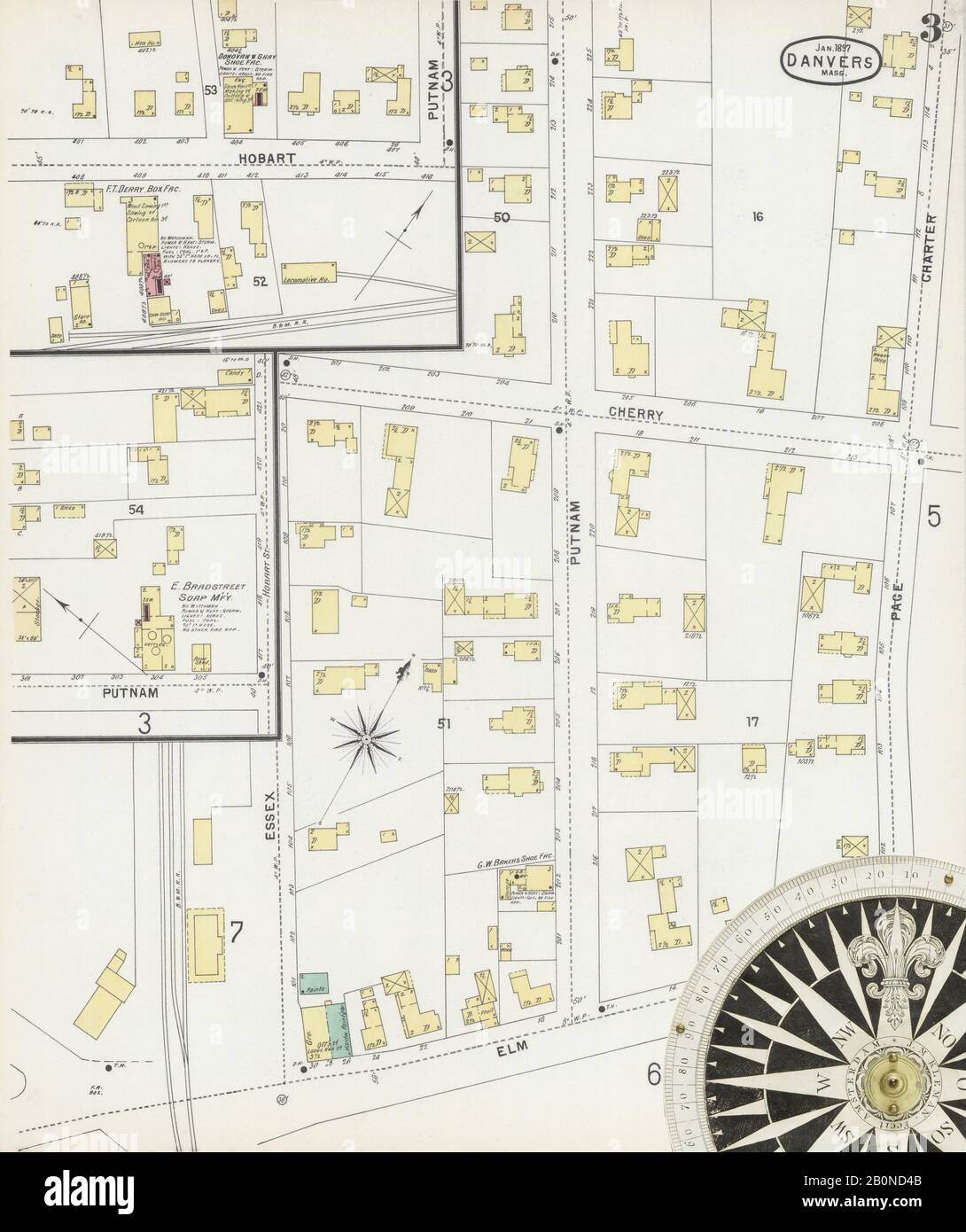 Immagine 3 Della Mappa Sanborn Fire Insurance Di Danvers, Essex County, Massachusetts. Jan 1897. 9 fogli, America, mappa stradale con una bussola Del Xix Secolo Foto Stock