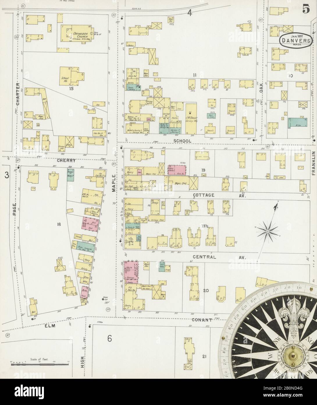 Immagine 5 Della Mappa Sanborn Fire Insurance Di Danvers, Essex County, Massachusetts. Jan 1897. 9 fogli, America, mappa stradale con una bussola Del Xix Secolo Foto Stock