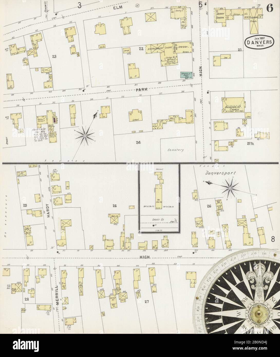 Immagine 6 Della Mappa Sanborn Fire Insurance Di Danvers, Essex County, Massachusetts. Jan 1897. 9 fogli, America, mappa stradale con una bussola Del Xix Secolo Foto Stock