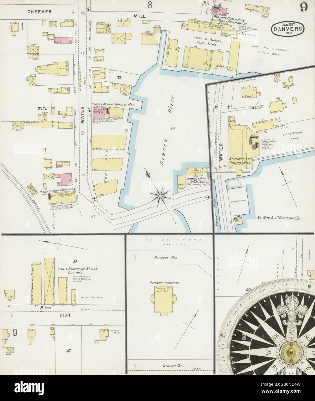 Immagine 9 Della Mappa Sanborn Fire Insurance Di Danvers, Essex County, Massachusetts. Jan 1897. 9 fogli, America, mappa stradale con una bussola Del Xix Secolo Foto Stock