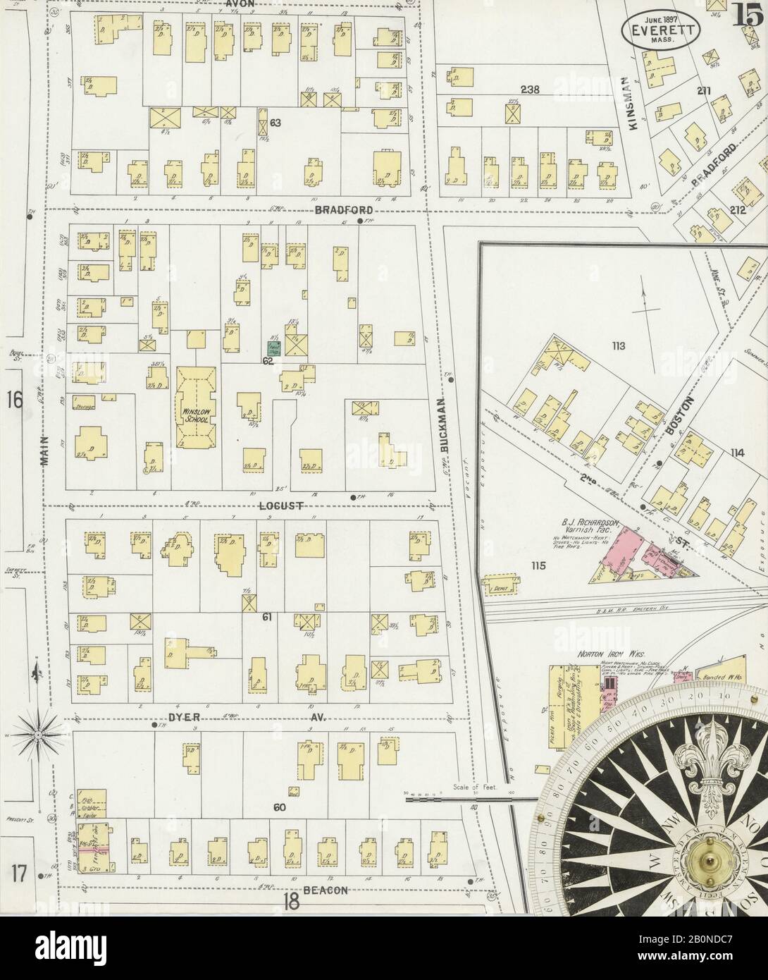 Immagine 15 Della Mappa Sanborn Fire Insurance Di Everett, Middlesex County, Massachusetts. Giu 1897. 27 fogli, America, mappa stradale con una bussola Del Xix Secolo Foto Stock