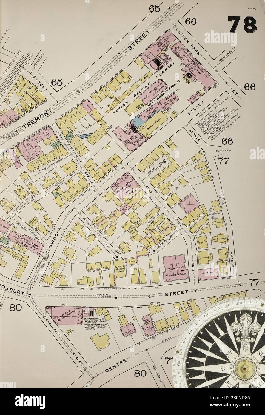 Immagine 36 Della Mappa Sanborn Fire Insurance Di Boston, Contea Di Suffolk, Massachusetts. Vol. 3, 1888. 81 fogli. Include Roxbury, West Roxbury, Parti Di Brighton, Brookline. Piastre a doppia pagatura numerate 62-100. Bound, America, mappa stradale con una bussola Del Xix Secolo Foto Stock