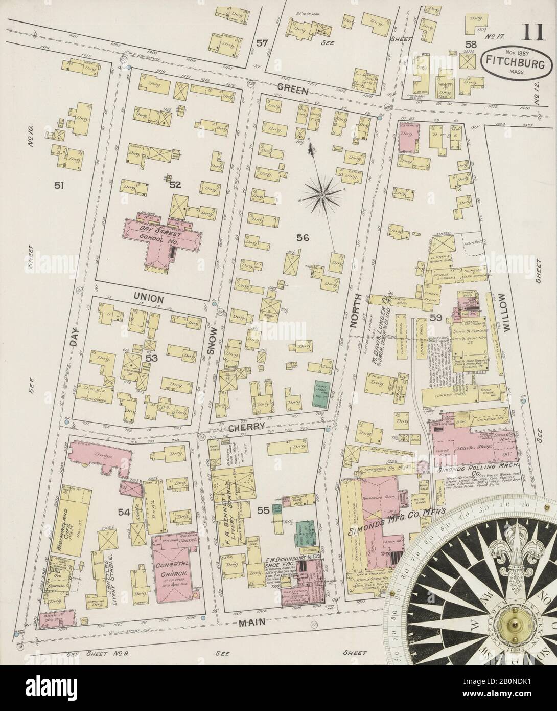 Immagine 11 Della Mappa Sanborn Fire Insurance Da Fitchburg, Worcester County, Massachusetts. Nov 1887. 17 fogli, America, mappa stradale con una bussola Del Xix Secolo Foto Stock