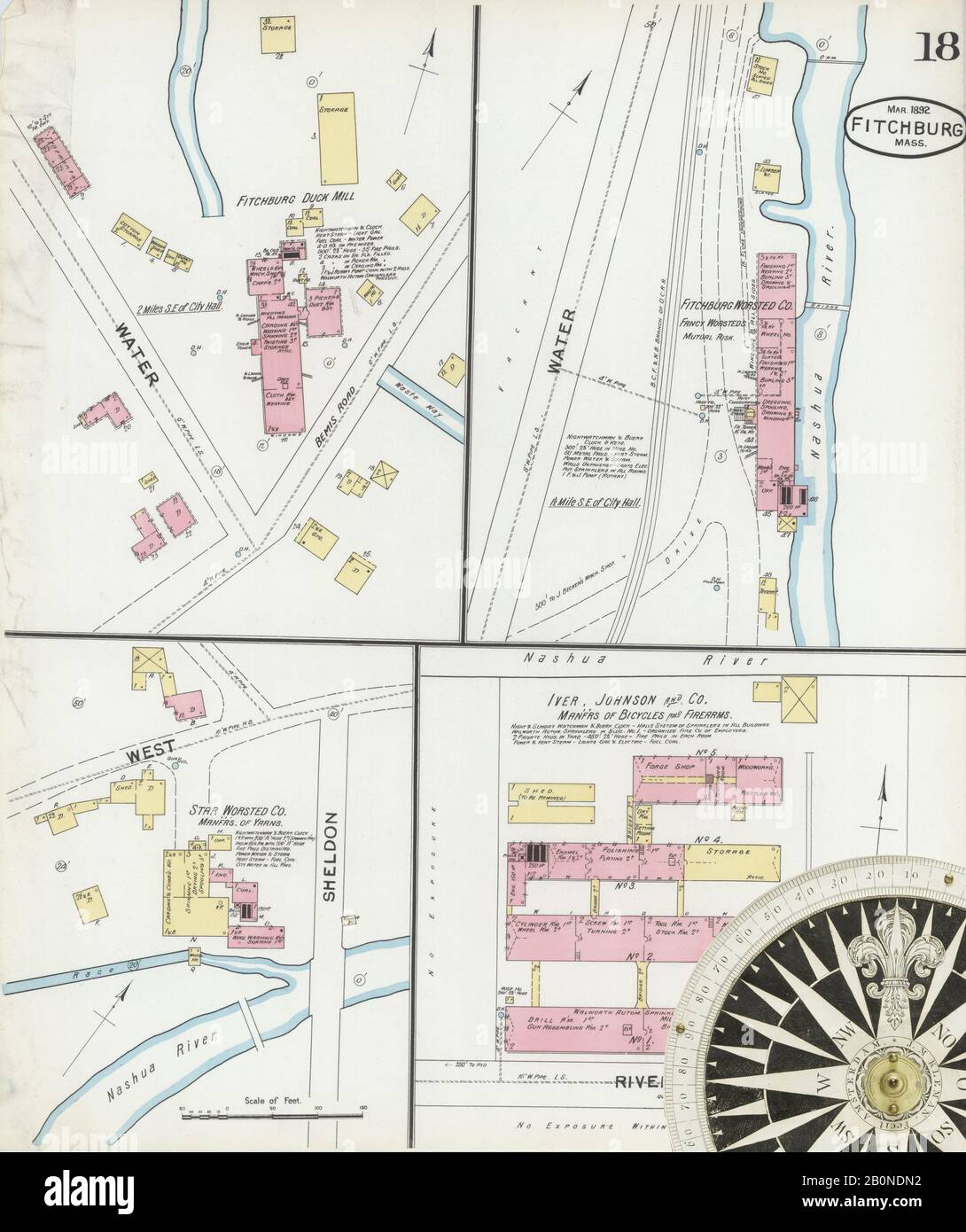 Immagine 18 Della Mappa Sanborn Fire Insurance Da Fitchburg, Worcester County, Massachusetts. Mar 1892. 23 fogli, America, mappa stradale con una bussola Del Xix Secolo Foto Stock