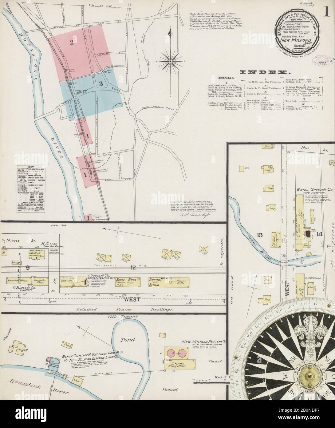 Immagine 1 Della Mappa Sanborn Fire Insurance Di New Milford, Litchfield County, Connecticut. Dic 1887. 3 fogli, America, mappa stradale con una bussola Del Xix Secolo Foto Stock