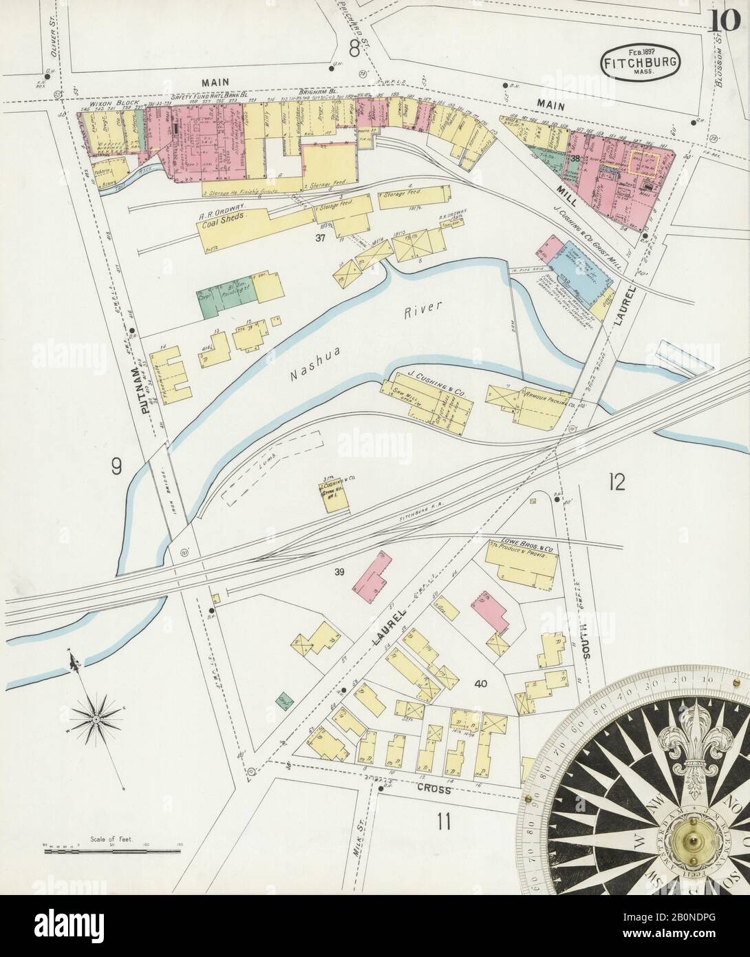 Immagine 10 Della Mappa Sanborn Fire Insurance Da Fitchburg, Worcester County, Massachusetts. Feb 1897. 32 fogli, America, mappa stradale con una bussola Del Xix Secolo Foto Stock