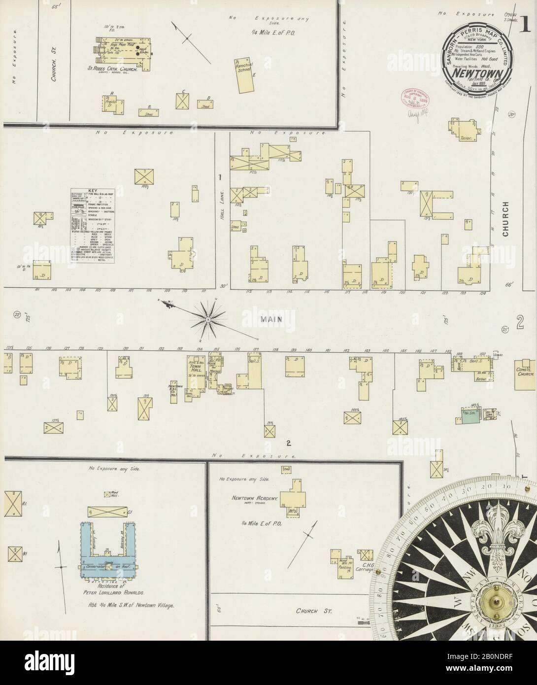 Immagine 1 Della Mappa Sanborn Fire Insurance Da Newtown, Fairfield County, Connecticut. Lug 1895. 2 fogli, America, mappa stradale con una bussola Del Xix Secolo Foto Stock