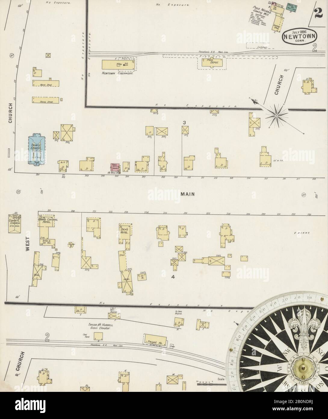 Immagine 2 Della Mappa Sanborn Fire Insurance Da Newtown, Fairfield County, Connecticut. Lug 1895. 2 fogli, America, mappa stradale con una bussola Del Xix Secolo Foto Stock