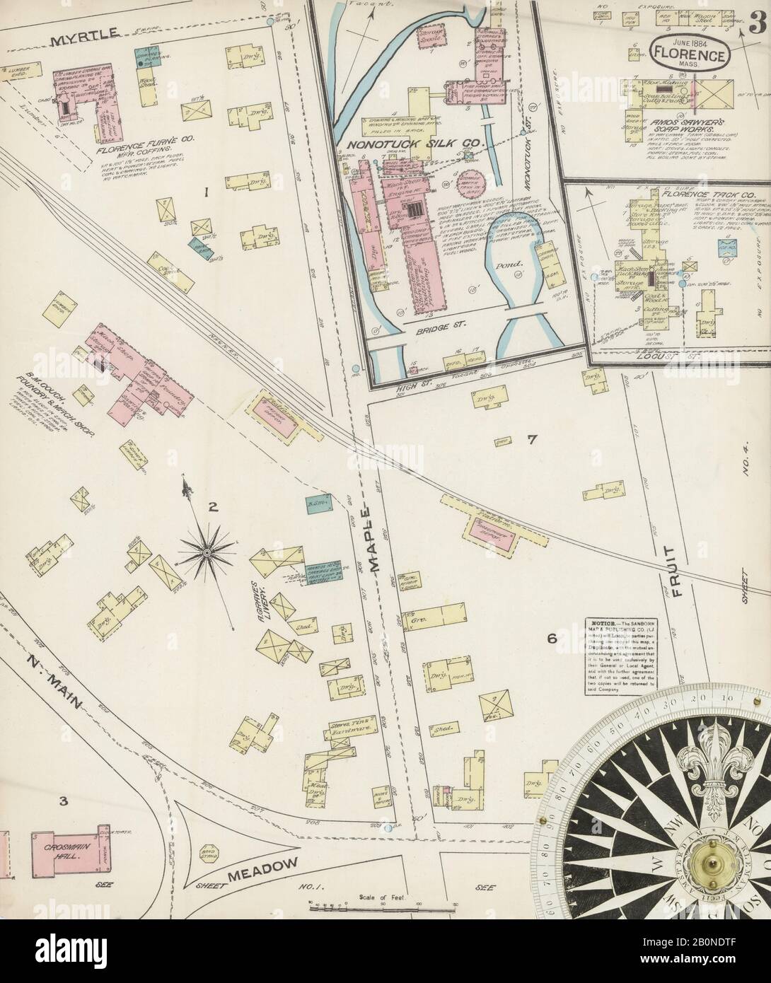 Immagine 3 Della Mappa Sanborn Fire Insurance Da Firenze, Hampshire County, Massachusetts. Giu 1884. 4 fogli, America, mappa stradale con una bussola Del Xix Secolo Foto Stock