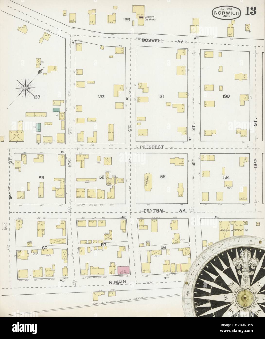 Immagine 13 Della Mappa Sanborn Fire Insurance Di Norwich, New London County, Connecticut. Lug 1892. 17 fogli, America, mappa stradale con una bussola Del Xix Secolo Foto Stock