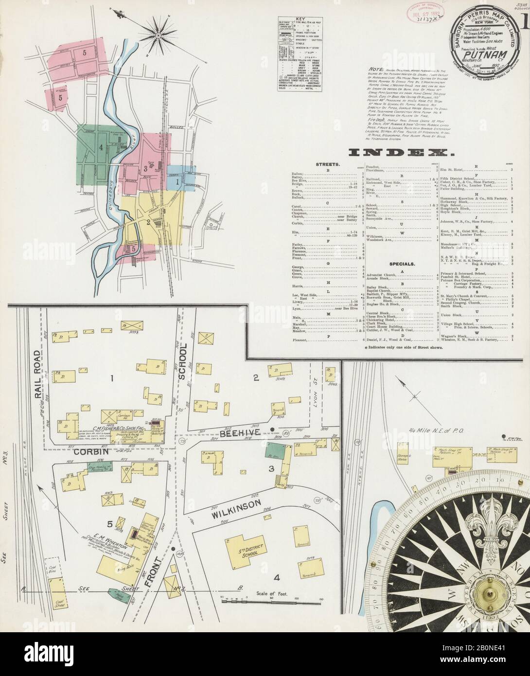 Immagine 1 Della Mappa Sanborn Fire Insurance Da Putnam, Windham County, Connecticut. Giu 1892. 6 fogli, America, mappa stradale con una bussola Del Xix Secolo Foto Stock