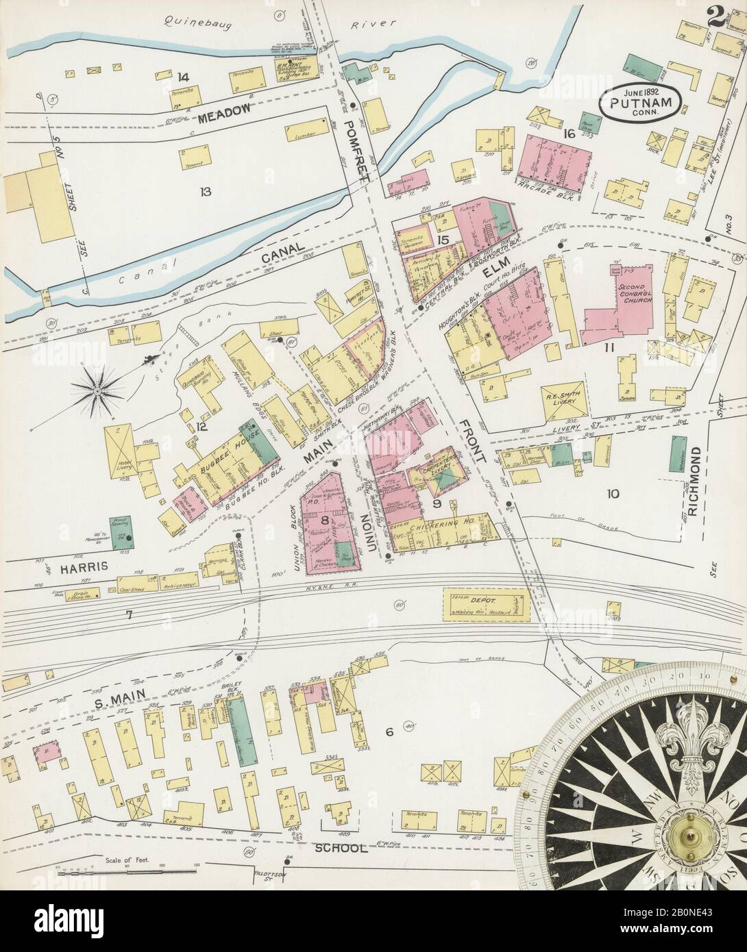 Immagine 2 Della Mappa Sanborn Fire Insurance Da Putnam, Windham County, Connecticut. Giu 1892. 6 fogli, America, mappa stradale con una bussola Del Xix Secolo Foto Stock