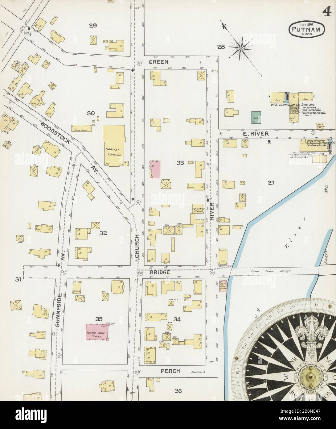 Immagine 4 Della Mappa Sanborn Fire Insurance Da Putnam, Windham County, Connecticut. Giu 1892. 6 fogli, America, mappa stradale con una bussola Del Xix Secolo Foto Stock