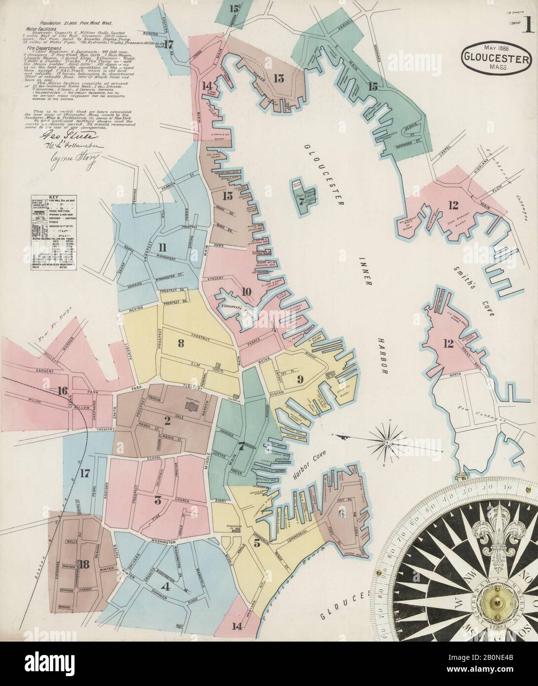 Immagine 1 Della Mappa Sanborn Fire Insurance Di Gloucester, Essex County, Massachusetts. Maggio 1888. 19 foglio(i), America, mappa stradale con una bussola Del Xix Secolo Foto Stock