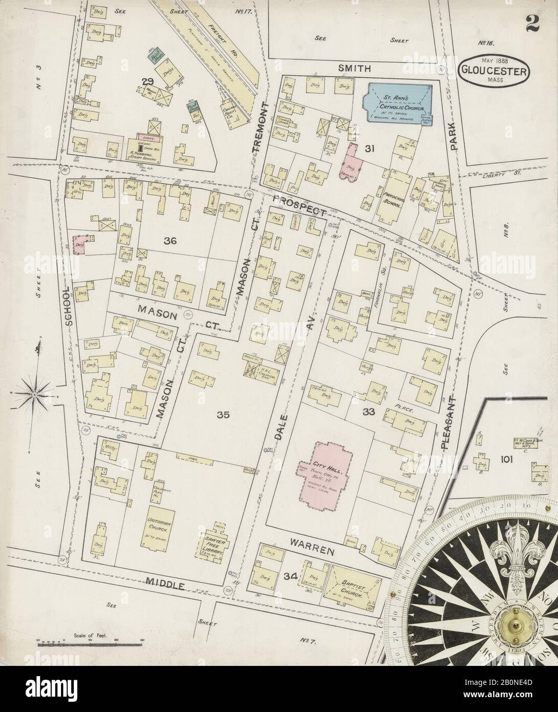 Immagine 2 Della Mappa Sanborn Fire Insurance Di Gloucester, Essex County, Massachusetts. Maggio 1888. 19 foglio(i), America, mappa stradale con una bussola Del Xix Secolo Foto Stock