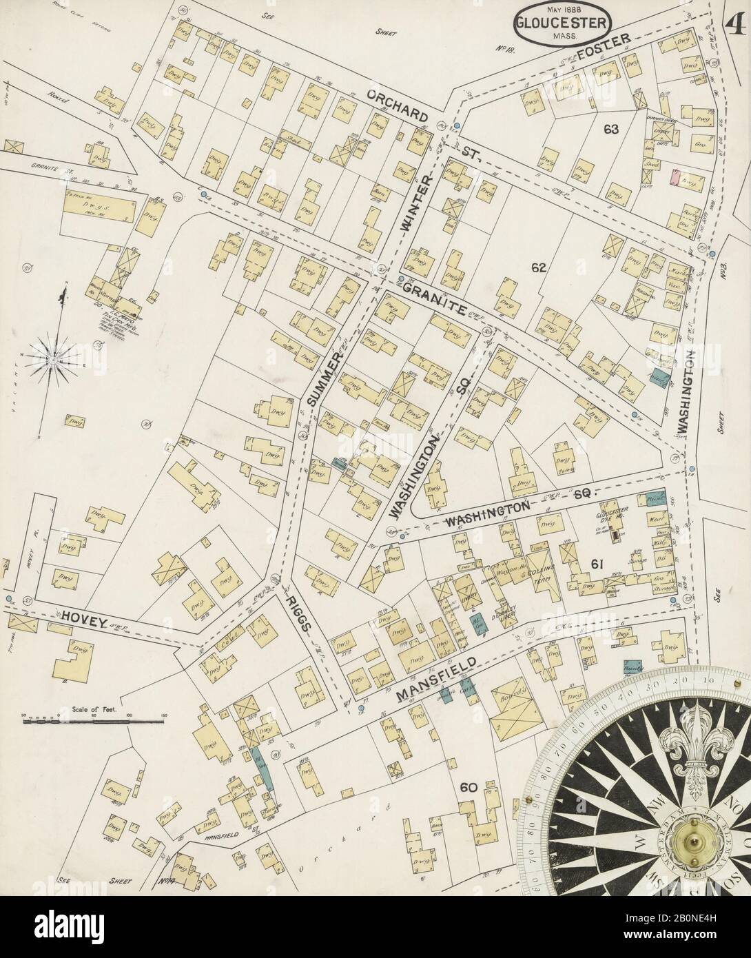 Immagine 4 Della Mappa Sanborn Fire Insurance Di Gloucester, Essex County, Massachusetts. Maggio 1888. 19 foglio(i), America, mappa stradale con una bussola Del Xix Secolo Foto Stock