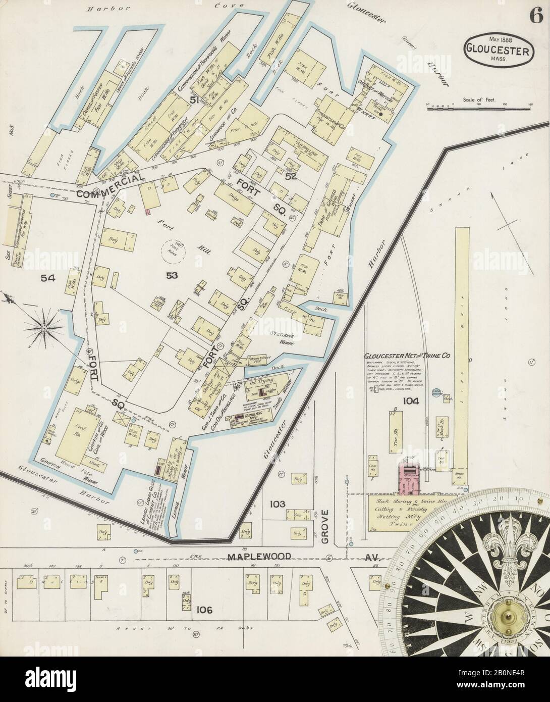 Immagine 6 Della Mappa Sanborn Fire Insurance Di Gloucester, Essex County, Massachusetts. Maggio 1888. 19 foglio(i), America, mappa stradale con una bussola Del Xix Secolo Foto Stock