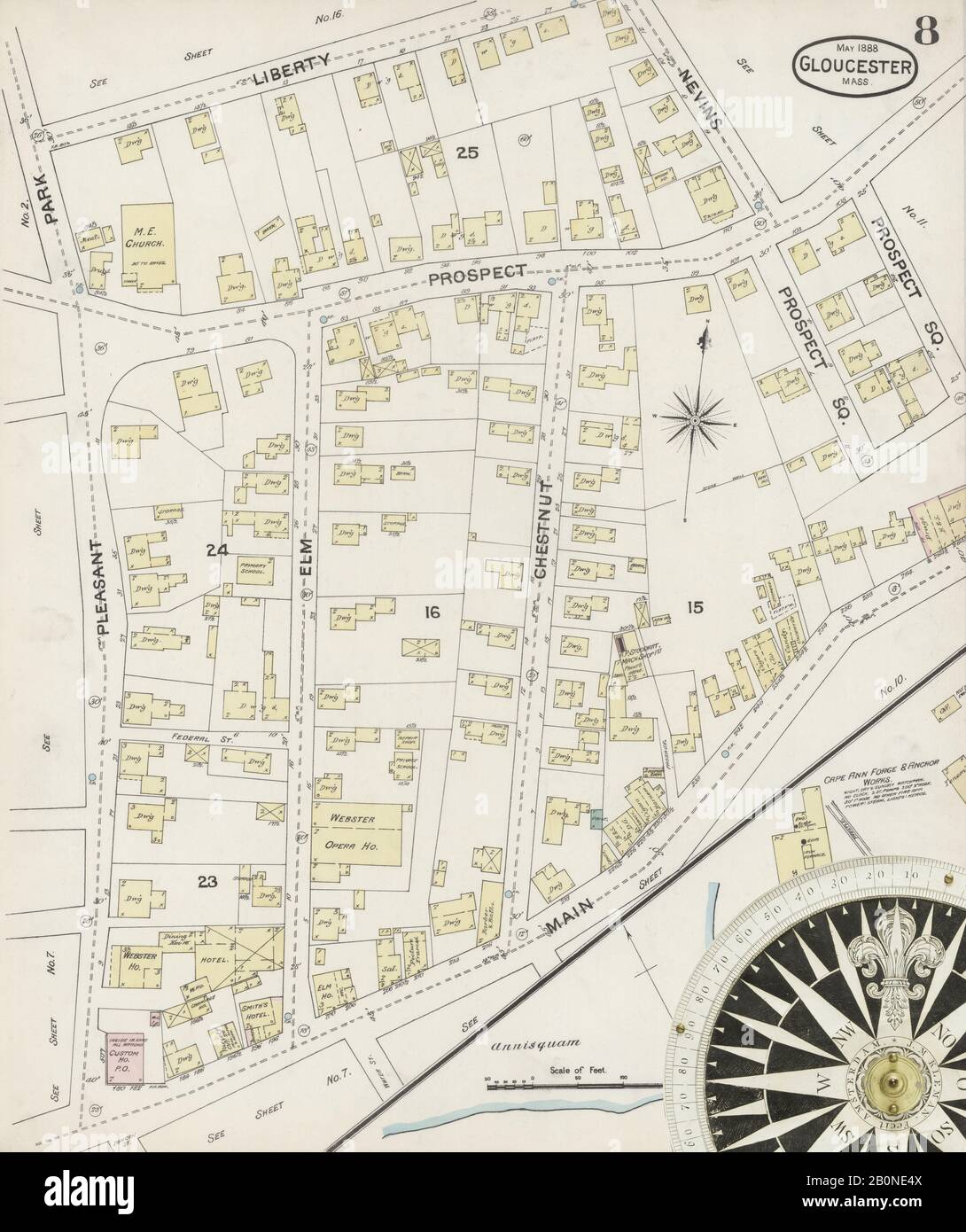 Immagine 8 Della Mappa Sanborn Fire Insurance Di Gloucester, Essex County, Massachusetts. Maggio 1888. 19 foglio(i), America, mappa stradale con una bussola Del Xix Secolo Foto Stock