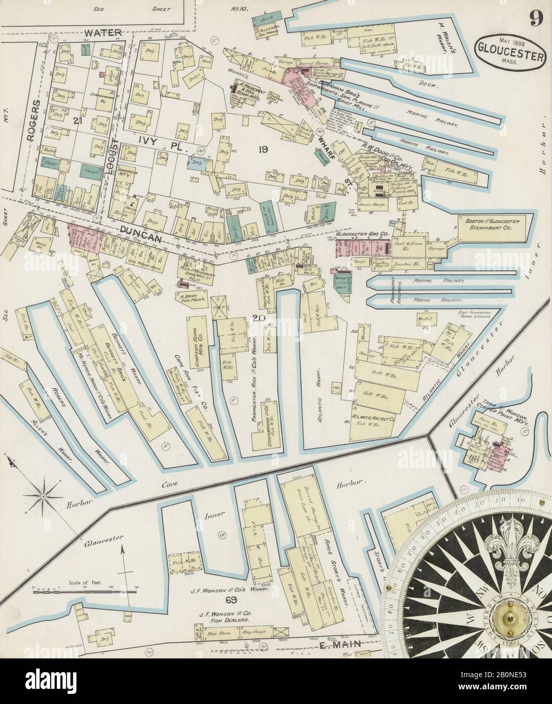 Immagine 9 Della Mappa Sanborn Fire Insurance Di Gloucester, Essex County, Massachusetts. Maggio 1888. 19 foglio(i), America, mappa stradale con una bussola Del Xix Secolo Foto Stock