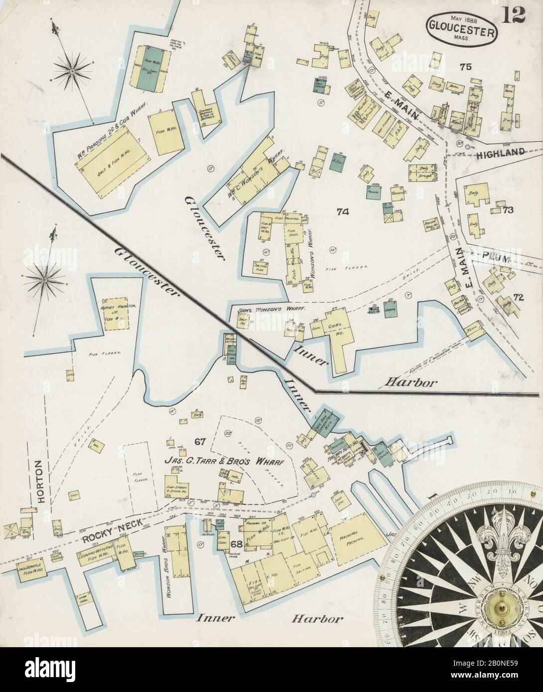 Immagine 12 Della Mappa Sanborn Fire Insurance Di Gloucester, Essex County, Massachusetts. Maggio 1888. 19 foglio(i), America, mappa stradale con una bussola Del Xix Secolo Foto Stock