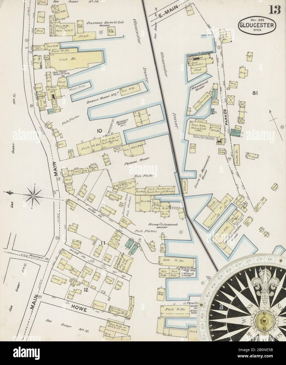 Immagine 13 Della Mappa Sanborn Fire Insurance Di Gloucester, Essex County, Massachusetts. Maggio 1888. 19 foglio(i), America, mappa stradale con una bussola Del Xix Secolo Foto Stock