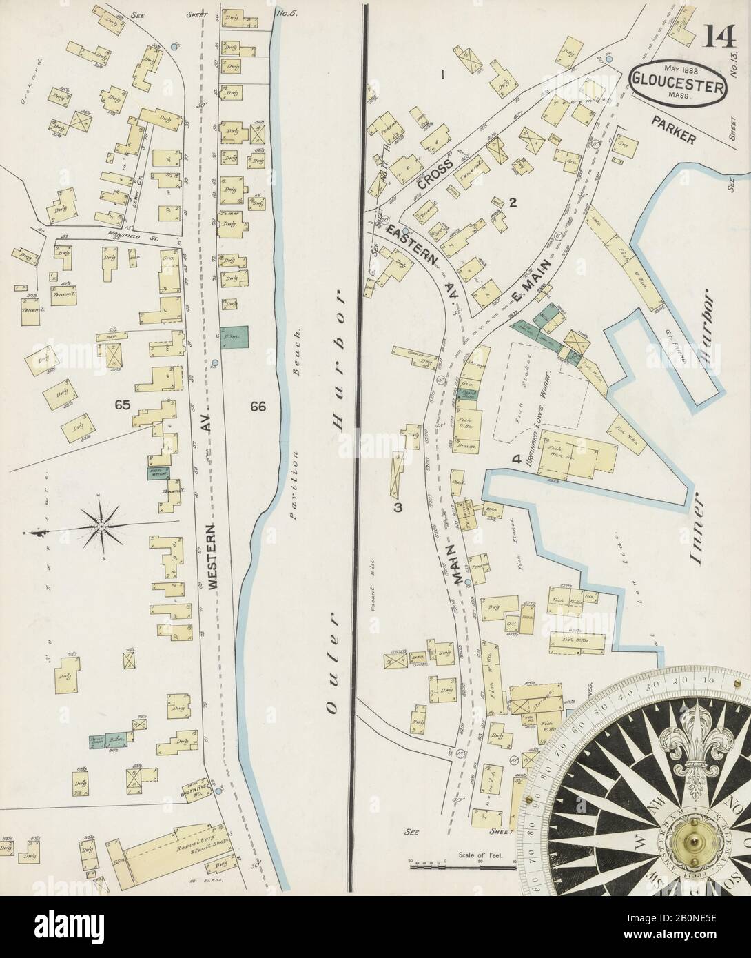 Immagine 14 Della Mappa Sanborn Fire Insurance Di Gloucester, Essex County, Massachusetts. Maggio 1888. 19 foglio(i), America, mappa stradale con una bussola Del Xix Secolo Foto Stock
