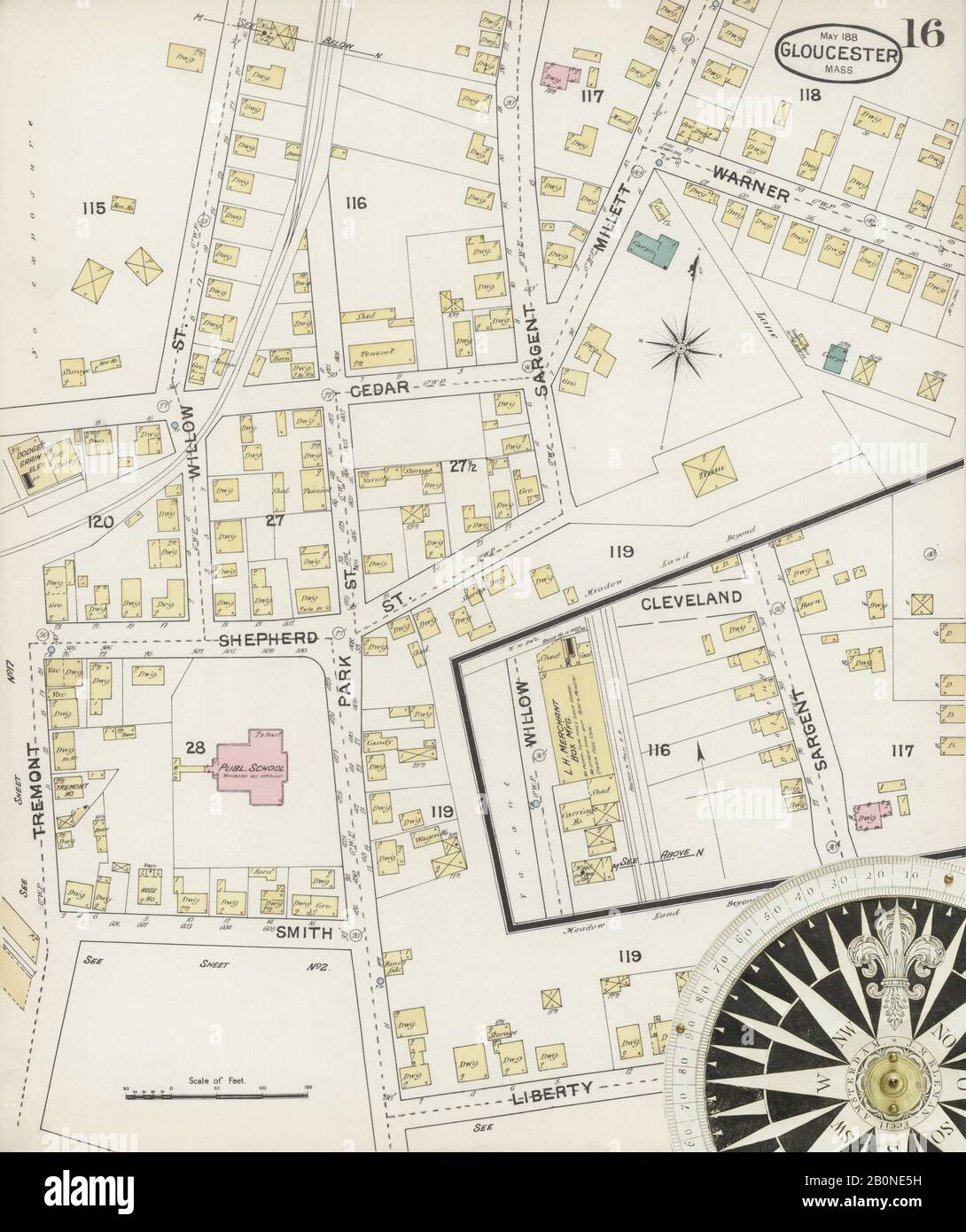 Immagine 16 Della Mappa Sanborn Fire Insurance Di Gloucester, Essex County, Massachusetts. Maggio 1888. 19 foglio(i), America, mappa stradale con una bussola Del Xix Secolo Foto Stock