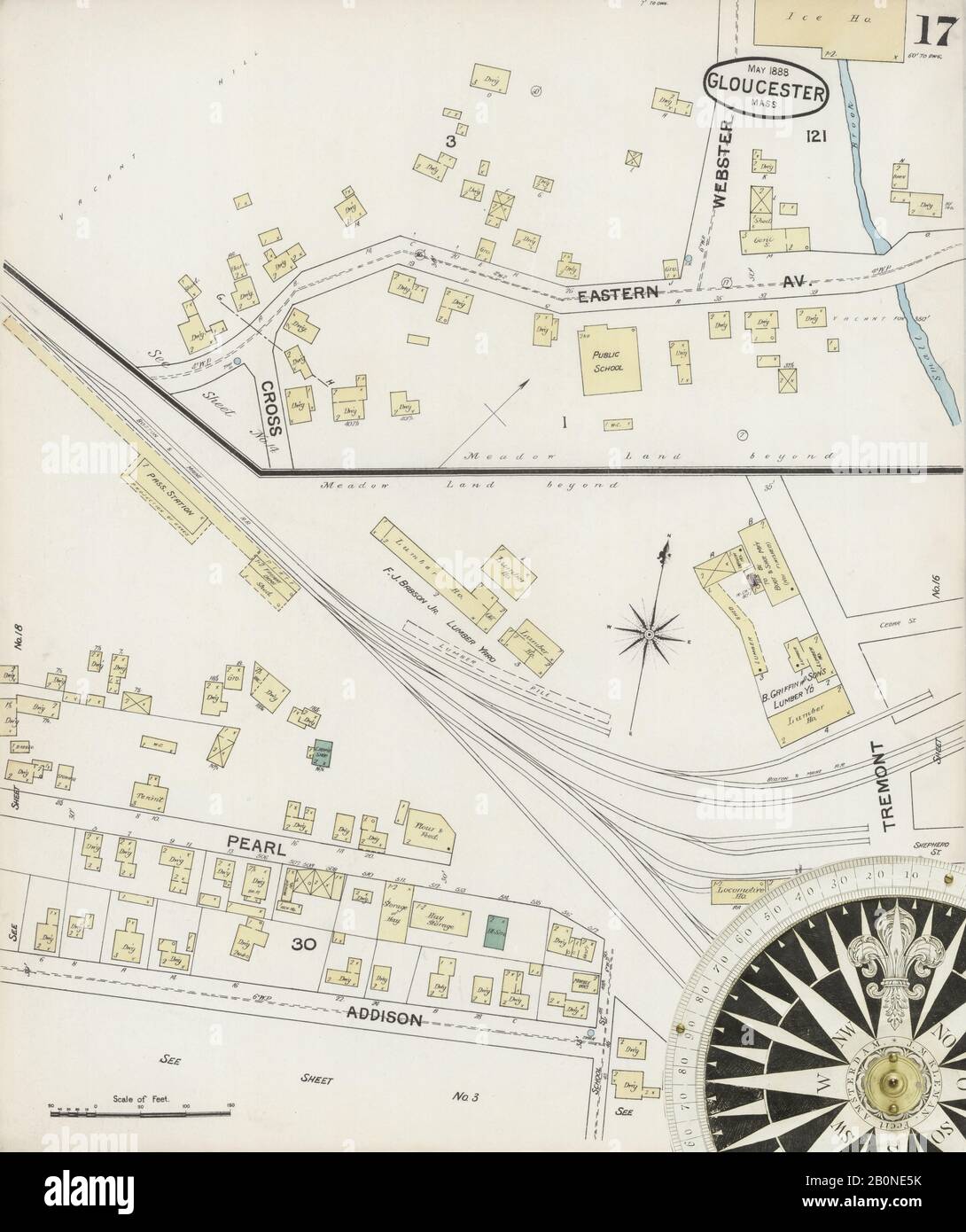 Immagine 17 Della Mappa Sanborn Fire Insurance Di Gloucester, Essex County, Massachusetts. Maggio 1888. 19 foglio(i), America, mappa stradale con una bussola Del Xix Secolo Foto Stock