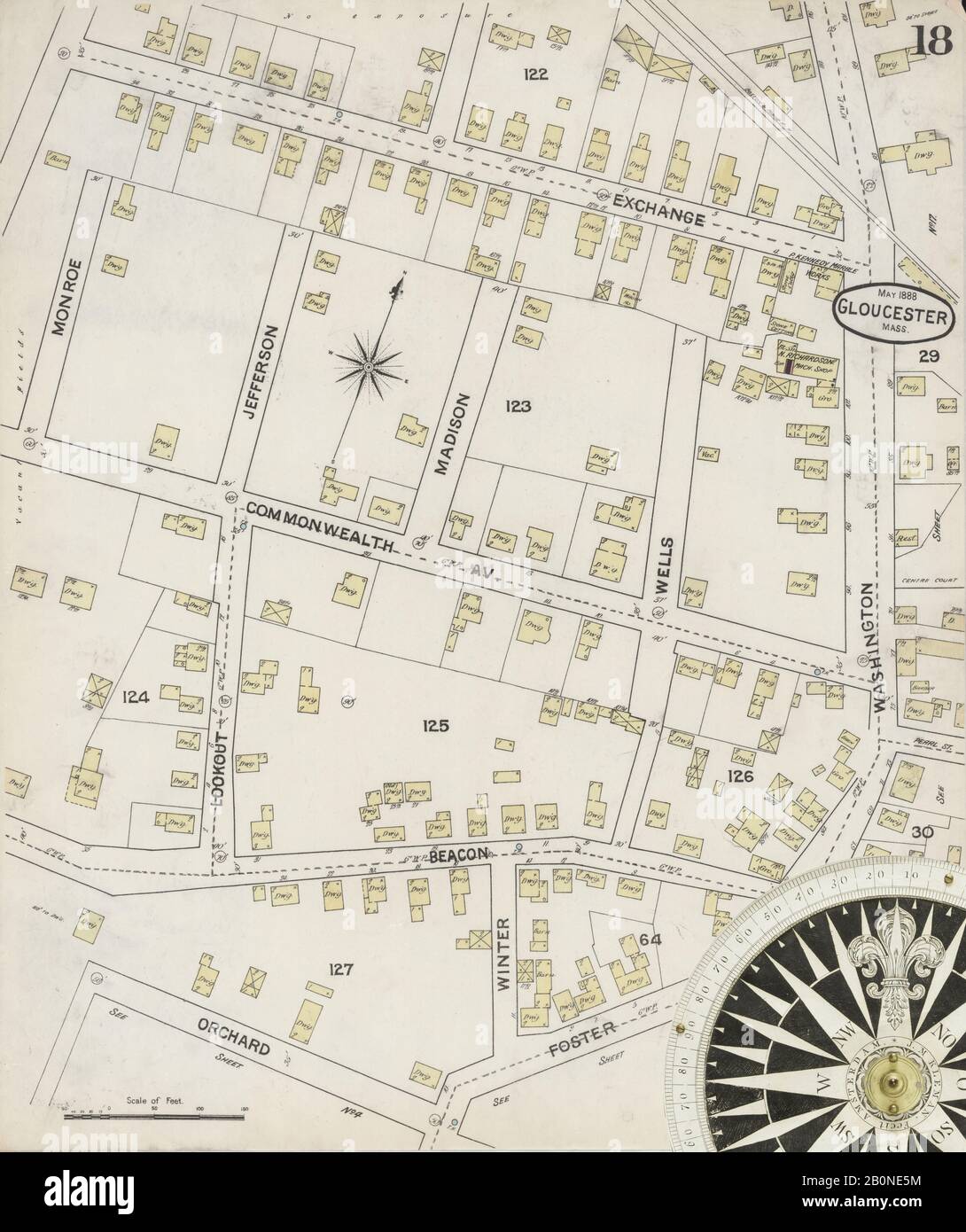 Immagine 18 Della Mappa Sanborn Fire Insurance Di Gloucester, Essex County, Massachusetts. Maggio 1888. 19 foglio(i), America, mappa stradale con una bussola Del Xix Secolo Foto Stock